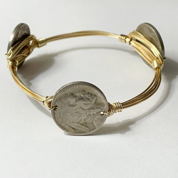 Vintage Indian Head Buffalo Three Nickels Currency Gold Wire Bangle Bracelet - Picture 1 of 6
